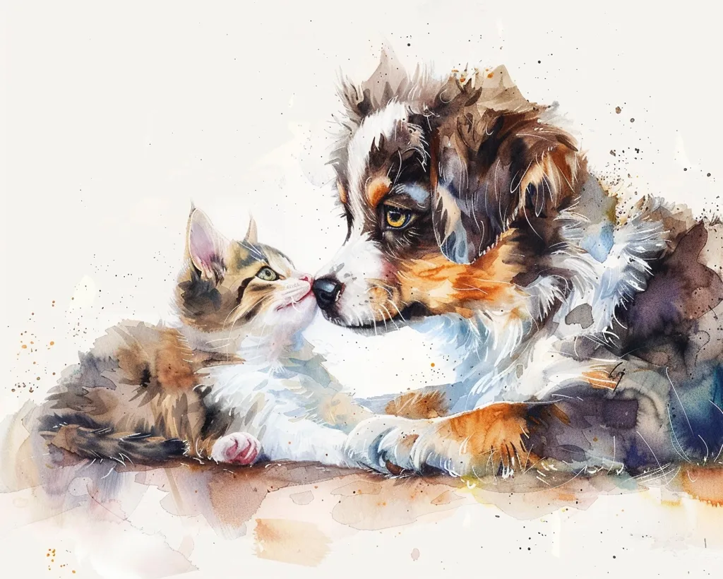 A watercolor painting depicts a close-up of a cat and dog nuzzling each other. The dog, an Australian Shepherd, has brown, white, and black fur. The cat, with tabby markings, is looking directly at the dog. Both animals have soft, loving expressions on their faces. The painting captures the gentle and affectionate bond between a cat and dog.