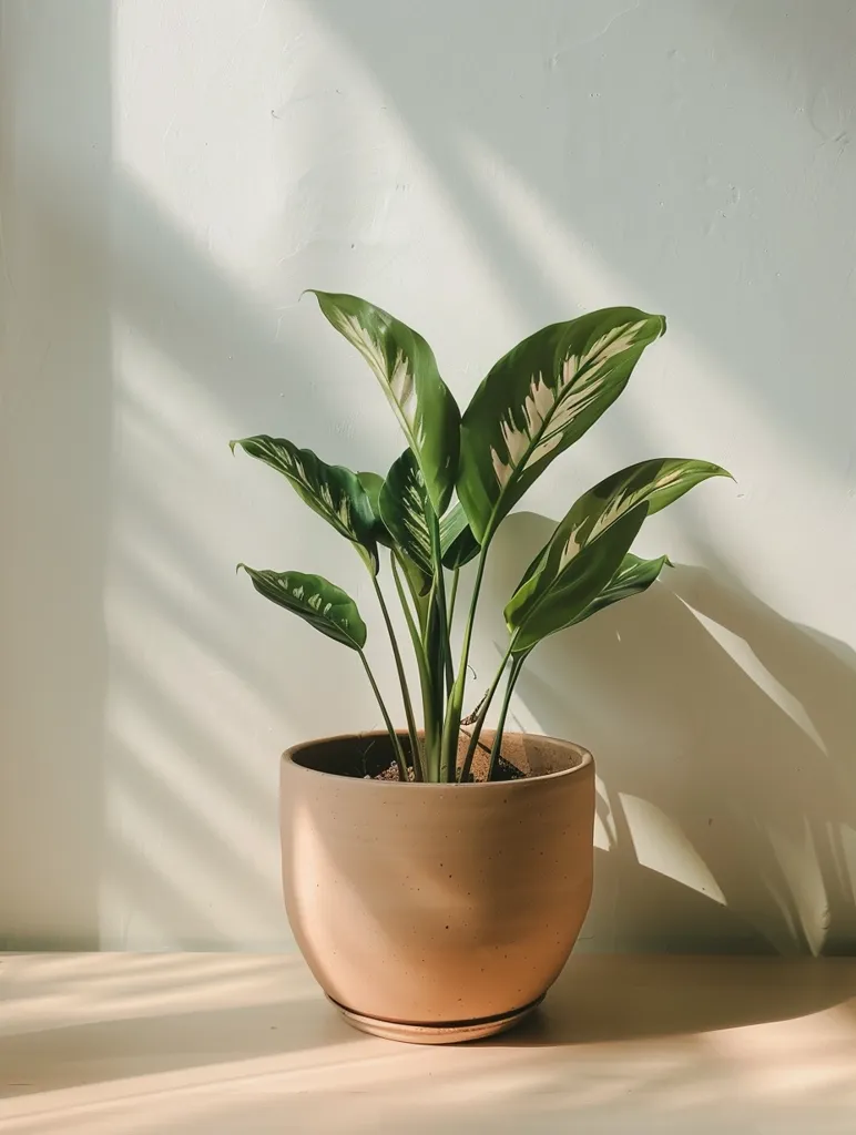 A potted plant with large, green leaves with white variegation sits on a light wood table in front of a white wall. The plant is in a light brown, round pot. Sunlight streams through a window, casting shadows on the wall and table. The scene is minimalist and peaceful, highlighting the beauty of the plant and its natural light.
