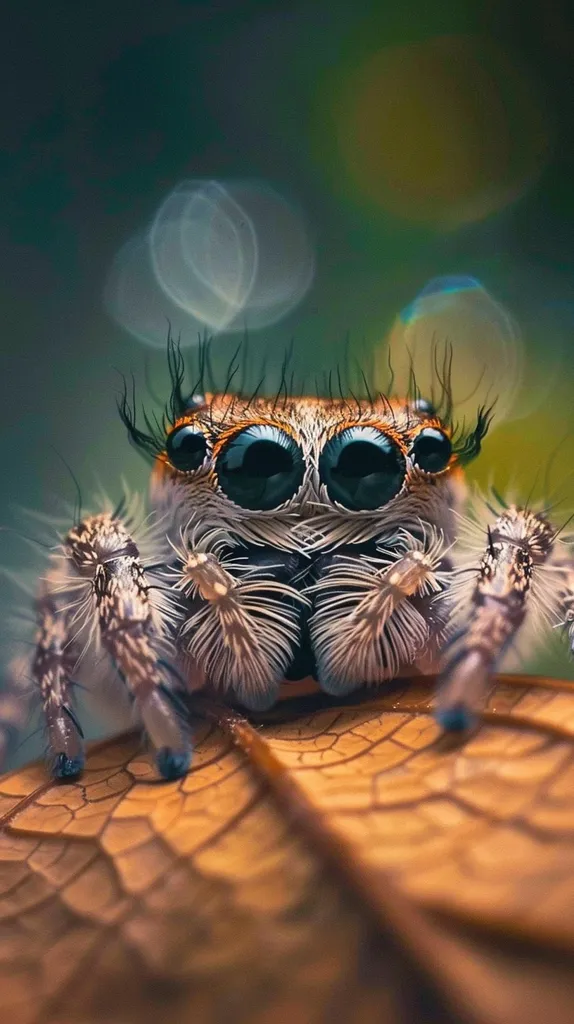 A close-up shot of a jumping spider perched on a brown leaf. It has large, prominent eyes and furry legs. The spider's body is a mix of brown, black, and white, while the background is blurred and out of focus.  The image captures the spider's intricate details and its unique appearance.