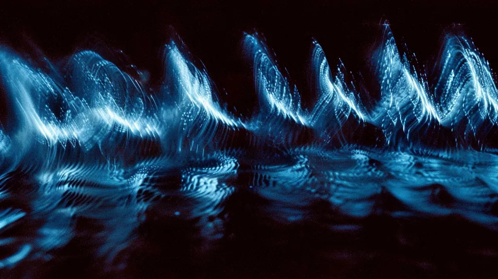 A series of abstract, blue, wave-like patterns stretch across a black background.  The patterns are made up of small, white dots that create a shimmering, ethereal effect. The light appears to be moving, creating a sense of energy and dynamism. The image could be a representation of sound waves, water ripples, or any other form of energy in motion.