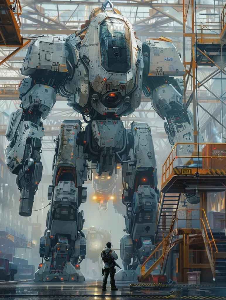 A massive, futuristic robot stands in a hangar, its imposing form dwarfed only by the towering metal structures surrounding it. The robot is heavily armored, with a large, transparent cockpit on its head. The robot's legs are thick and powerful, capable of supporting its immense weight. A lone figure, seemingly a soldier, stands in the foreground, dwarfed by the robot's size. The scene evokes a sense of awe and wonder, as well as a hint of potential danger.
