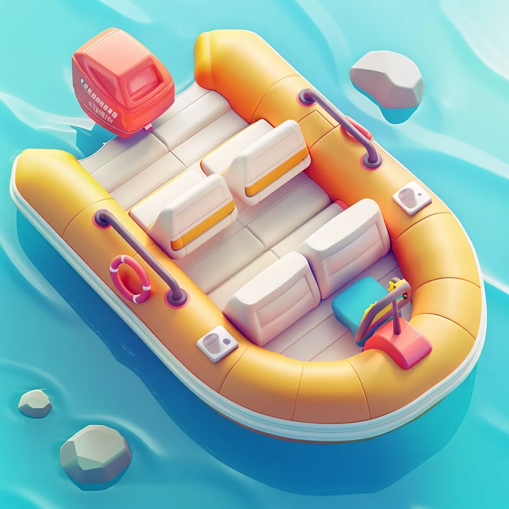 A yellow inflatable boat with white seats and a red outboard motor floats on blue water. It has a life ring and a steering wheel. There are three grey rocks in the water around the boat. The image is stylized and has a cartoonish look.