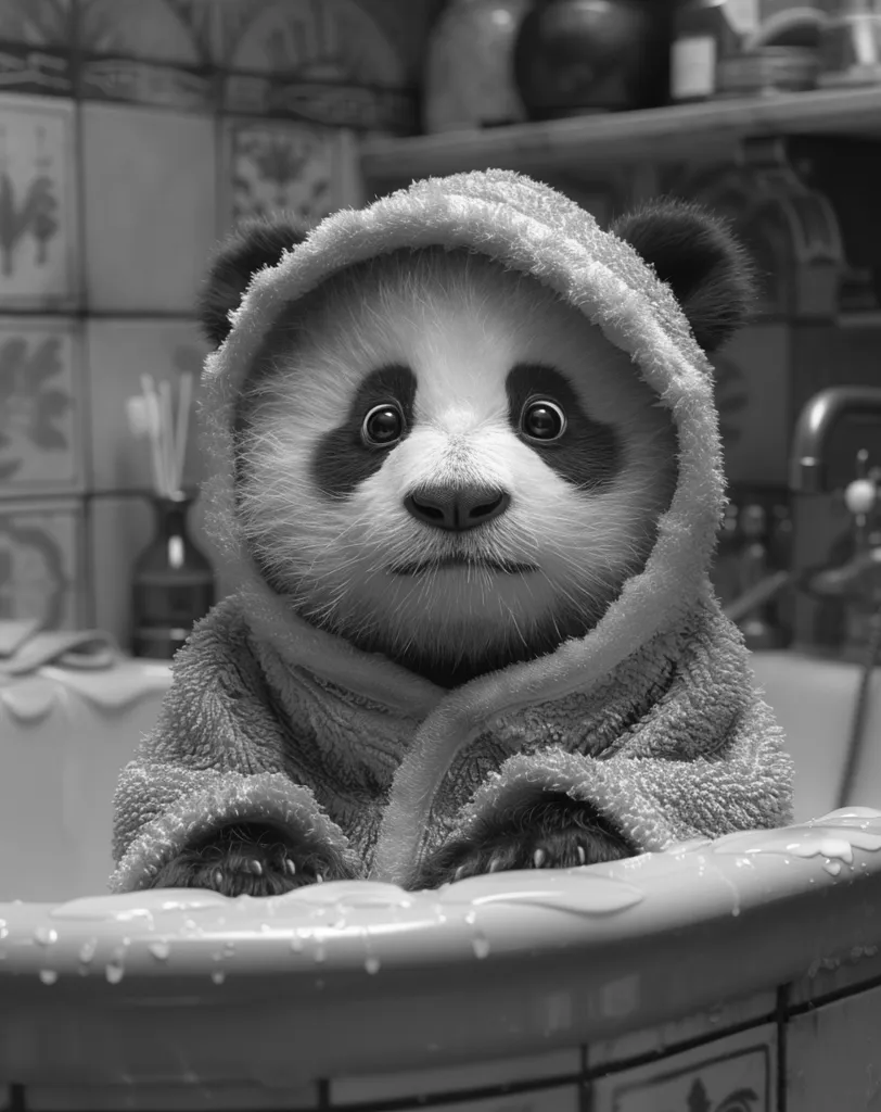 A black and white photo of a baby panda wearing a bathrobe, sitting in a bathtub. The panda has big, round eyes and looks directly at the camera with a serious expression. The bathrobe is pulled up around its head, and only its face is visible. The tub is filled with water, and there are droplets on the sides. The photo is taken from a low angle, making the panda appear larger.  The background is blurry, but it appears to be a bathroom. The image captures a moment of innocence and vulnerability.