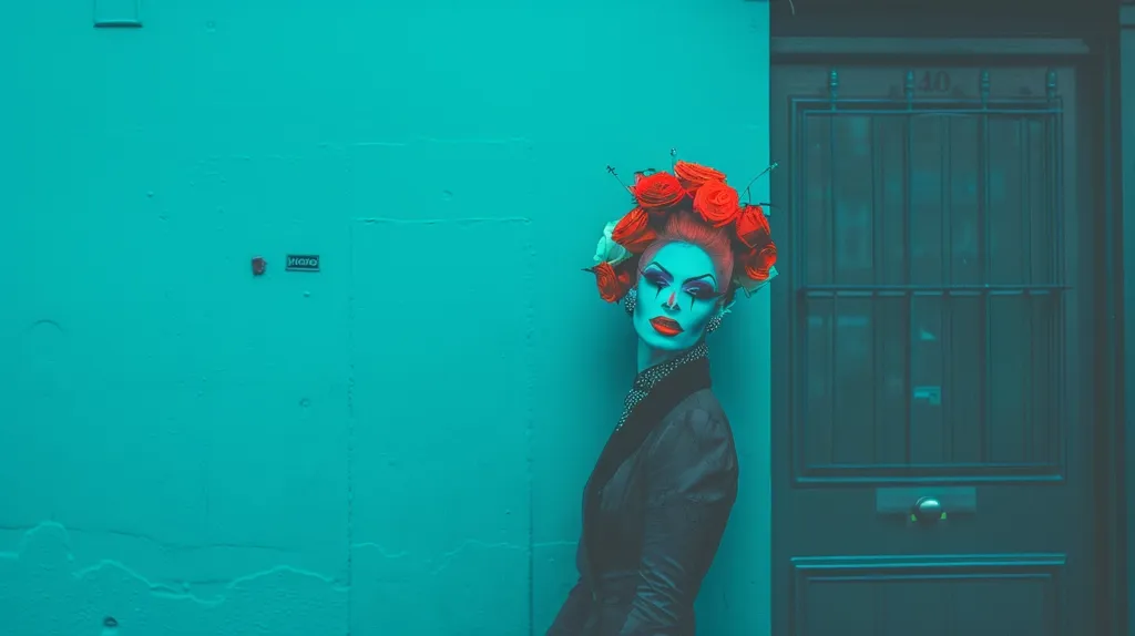 A person with blue skin and red roses in their hair stands in front of a turquoise wall. They are wearing a black suit and have dark makeup. The wall has a small, white sign on it and they are standing next to a dark green door. The door has a metal grid on it and a silver door handle. The image has a moody and dramatic feel to it.