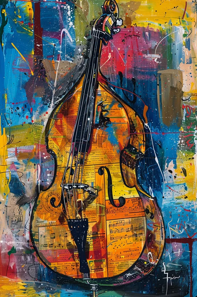 A vibrant, abstract painting of a double bass. The bass is painted in shades of yellow, orange, and brown, and is covered in a collage of colorful musical notes and text. The background is a mixture of blue, red, and yellow, with splashes of white and black paint. The painting has a dynamic and energetic feel.