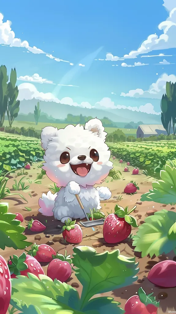 A fluffy white dog with big eyes and a wide smile is in a strawberry field. It is holding a small rake and there are ripe strawberries all around it. The sky is blue and there are fluffy white clouds. The dog is happy to be in the field and enjoying the strawberries.