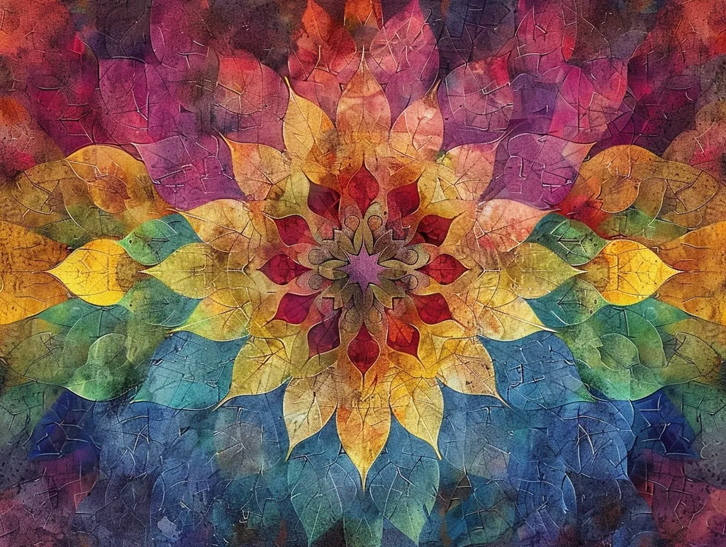 The image is a colorful mandala composed of overlapping leaves in shades of red, orange, yellow, green, and blue. The leaves are arranged in a circular pattern, creating a sense of symmetry and balance. The center of the mandala is a smaller, intricate design with a star-shaped core. The overall effect is one of peace and harmony. The leaves have a slightly textured appearance, suggesting a watercolor or mixed media style.