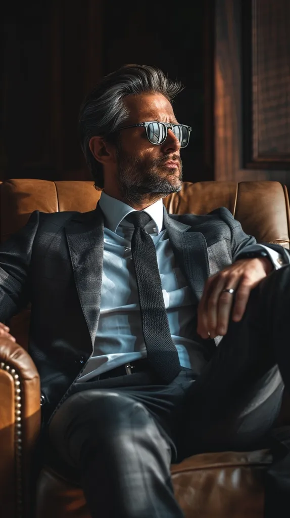 A man in a dark suit and a black tie sits in a leather armchair, his sunglasses perched on his nose. He gazes off to the side with a thoughtful expression, his hand resting on his leg. The warm lighting casts shadows on his face and the surrounding wood paneling, creating a sense of depth and intrigue.  The image captures a moment of contemplation, suggesting a man of power and authority.