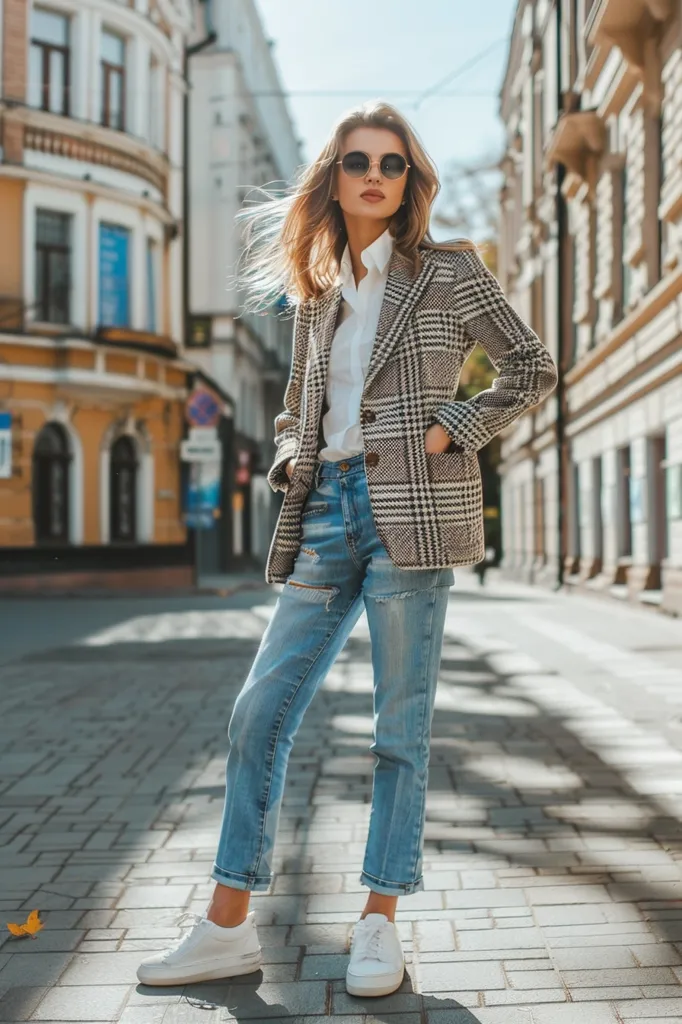 A young woman in a plaid blazer, white shirt, and blue jeans stands on a brick street. Her hair is blowing in the wind and she is wearing sunglasses. She is looking off to the side with a confident expression. The background is a city street with buildings on either side.  She is wearing white sneakers.  There is a hint of fall in the image with a leaf on the ground.