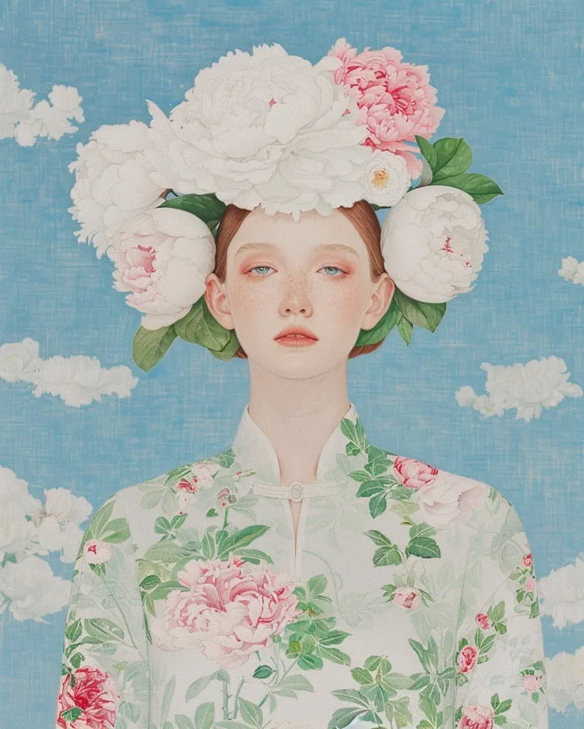 A woman with a serene expression wears a white dress adorned with delicate pink and white flowers, mirroring the floral crown on her head. The backdrop is a soft blue sky with fluffy white clouds, creating a dreamy and ethereal atmosphere. Her pale skin and freckled nose add a touch of natural beauty to the overall aesthetic.  The painting evokes a sense of peace and tranquility, celebrating the beauty of nature and femininity.
