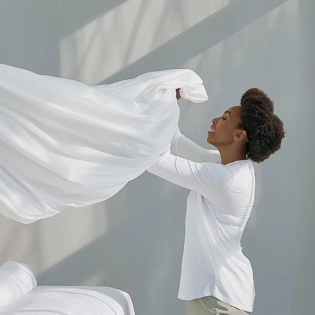 A woman in a white long-sleeved shirt is holding up a large white sheet in a bright, minimalist room. The sheet is billowing and catching the light. The woman is smiling, and the overall image is one of happiness and cleanliness.