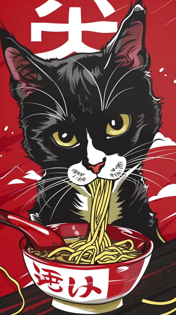 The image depicts a black and white cat with a white patch on its chest, eating a bowl of ramen noodles. The cat has a focused expression, with its tongue sticking out as it slurps the noodles. The bowl is red with Japanese writing and is surrounded by noodles. The background is red and features Japanese characters. The overall style of the image is playful and humorous, combining the image of a cat with a popular Japanese food.