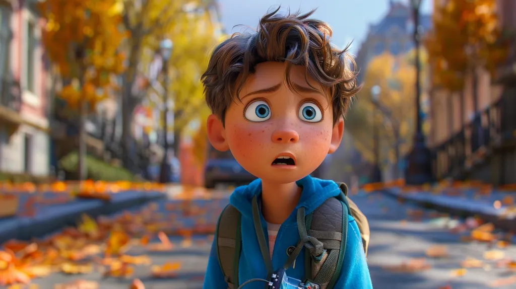 A young animated boy with brown hair and bright blue eyes stands in a street. He is wearing a blue jacket and a backpack. He looks surprised and a little scared, with a slight frown on his face. There are fallen leaves on the ground around him, and a blurred background of trees and buildings.  The image evokes a sense of innocence and wonder.