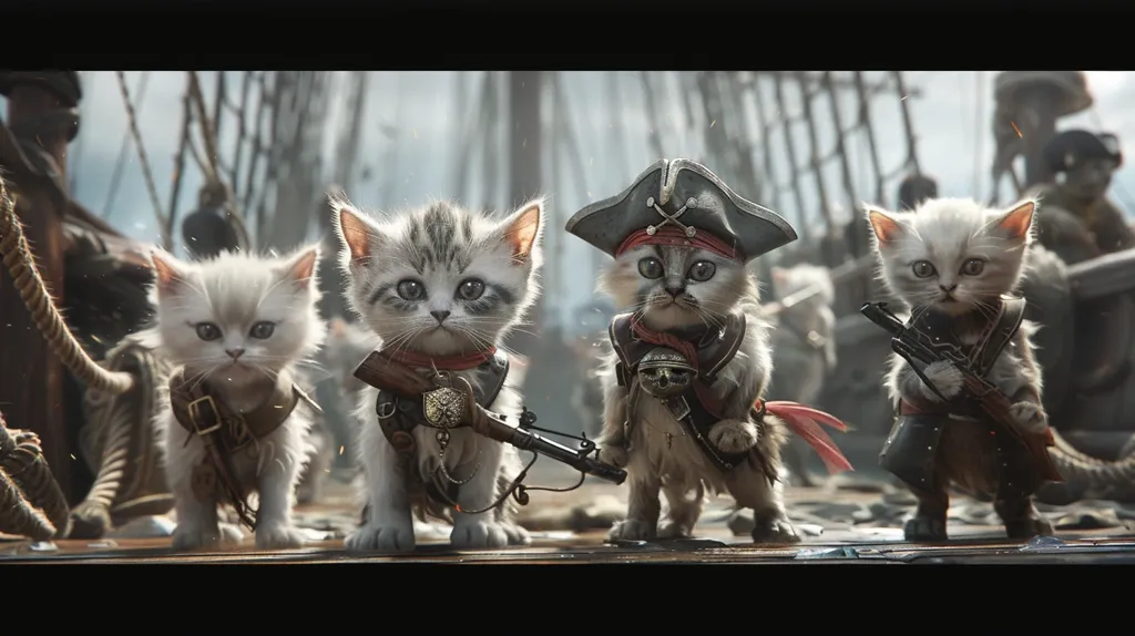 Four adorable kittens dressed as pirates stand on a wooden dock. The kitten in the middle wears a pirate hat, while the others are dressed in black vests and leather straps. The kittens look determined and ready for adventure.  The image is a humorous and endearing portrayal of the beloved feline creatures.