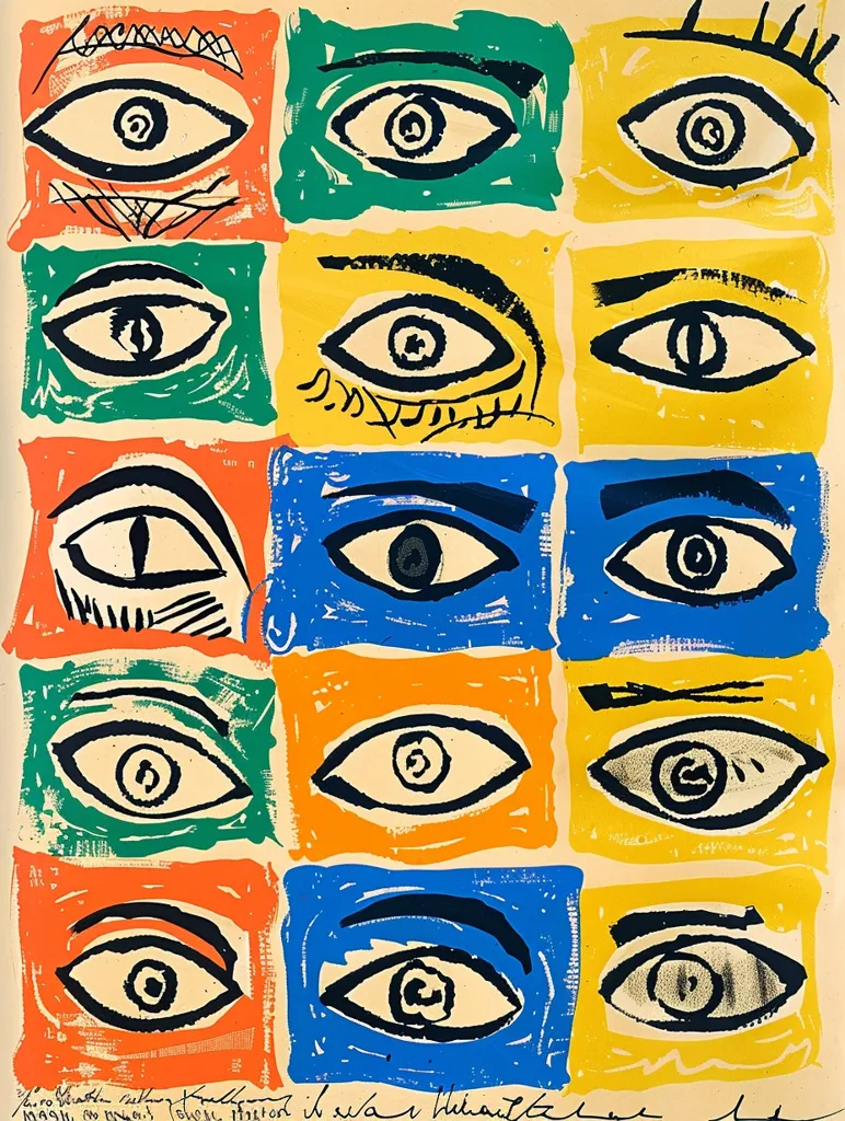 The image is a colourful abstract art piece featuring 18 stylized eyes in a grid pattern. Each eye is drawn in black ink with a single white circle for the pupil. The eyes are arranged in squares with alternating colours of yellow, green, blue, and orange. A signature appears at the bottom of the artwork.