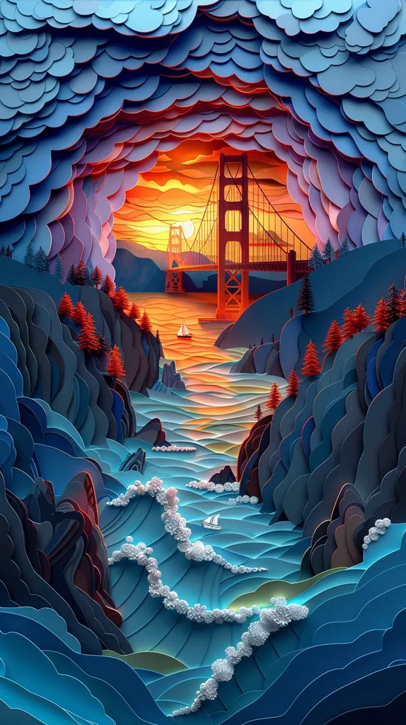 The image is a paper art depiction of the Golden Gate Bridge in San Francisco. A sunset is visible through a layered paper cloud formation. The bridge stands over a blue, choppy water with a sailboat. The water leads to a  layered landscape of dark cliffs.