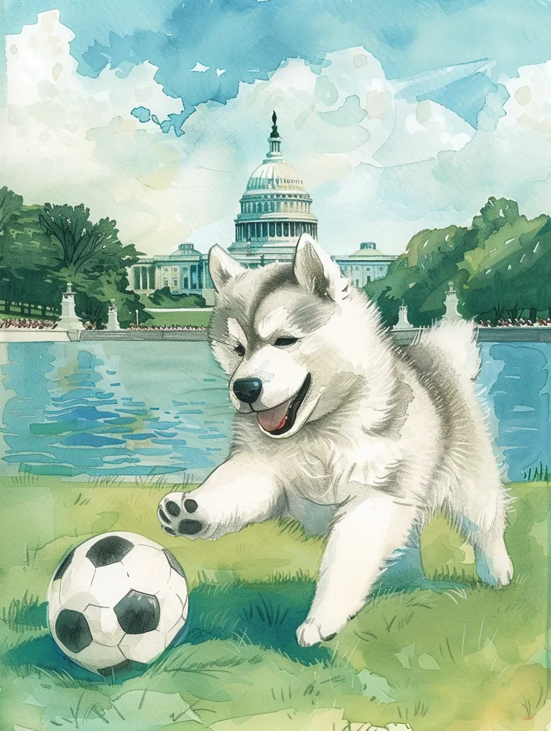 A white furry dog with a black nose and black eyes plays fetch with a soccer ball in front of the US Capitol building. The dog is in mid-air, and its tongue is sticking out as it runs toward the ball. The sky is blue with fluffy white clouds. There are trees in the background. The scene is painted in a watercolor style.