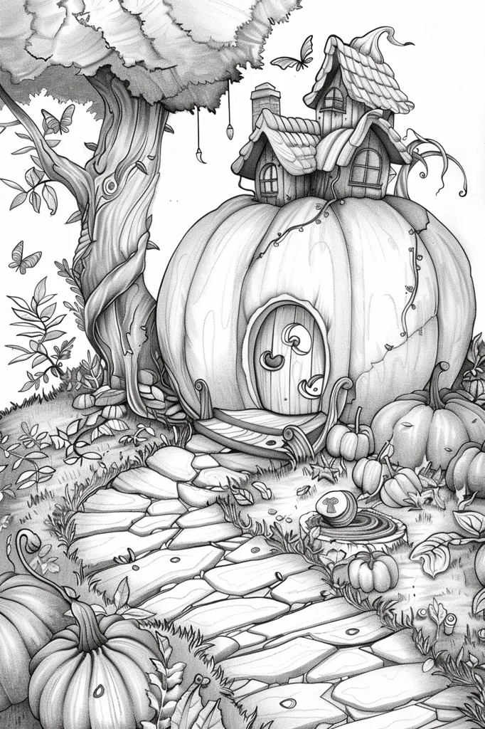 A whimsical black and white illustration depicts a pumpkin house nestled in a forest clearing. The house is topped with a wooden roof and a small chimney.  A stone path leads towards the house, flanked by pumpkins and foliage.  Butterflies flit through the air, adding a touch of magic to the scene.