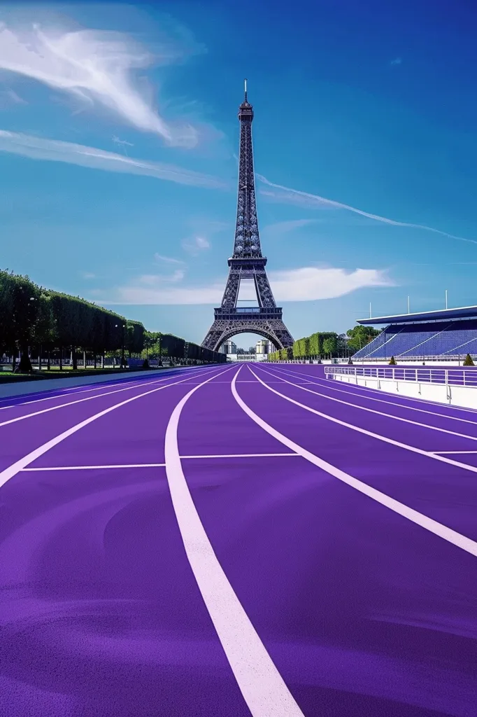 A purple running track stretches out towards the Eiffel Tower in the distance. The sky is blue and clear with a few white clouds. The track is lined with white lines and is empty. The Eiffel Tower is a iconic landmark in Paris, France. It is a symbol of the city's history and culture.