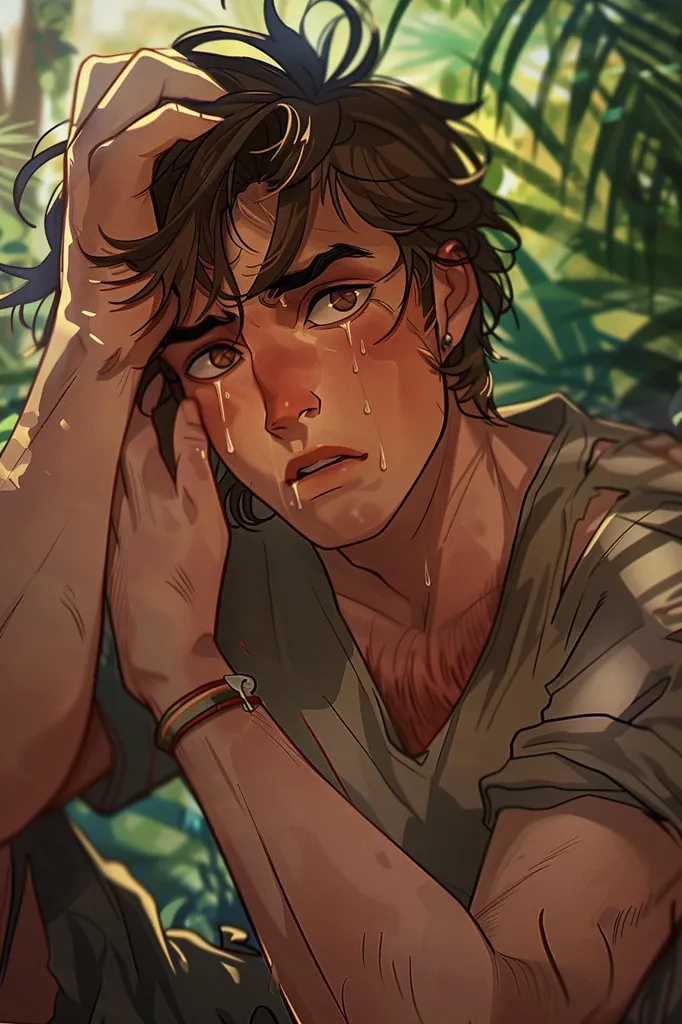 A young man with brown hair sits in a jungle setting. His face is contorted in sadness and he is crying. Tears stream down his face and he clutches his head with his hand. He wears a plain, grey t-shirt and a bracelet on his wrist. The image has a realistic and detailed style.
