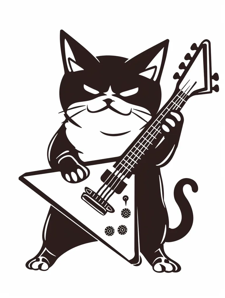 A black cat with a mischievous grin is playing an electric guitar. The cat is drawn in a cartoon style, with exaggerated features and a thick tail. The guitar is a classic electric model with a pointy body. The image is in black and white, creating a stark contrast and emphasizing the cat's bold personality.
