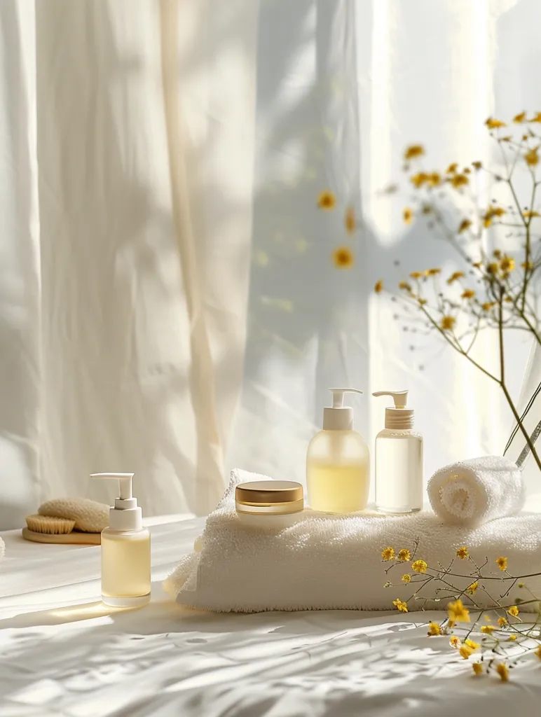 Three bottles of lotion and a jar of cream are arranged on a white towel. The towel is positioned in front of a sheer white curtain, illuminated by natural sunlight. Delicate yellow flowers are scattered on the towel and on the floor, adding a touch of color to the minimalist scene.  The overall impression is one of cleanliness and tranquility.