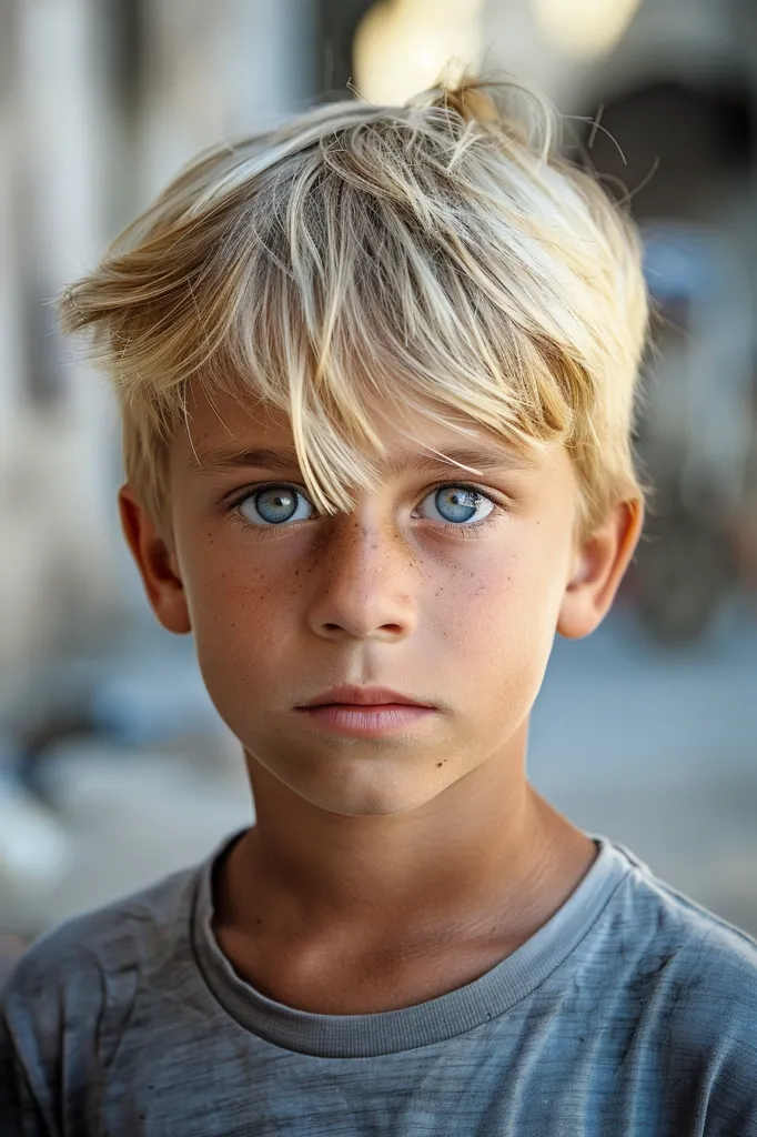 A young boy with blonde hair and blue eyes looks directly at the camera with a serious expression. He has freckles on his face and is wearing a grey t-shirt. The background is blurred, drawing attention to the boy's features. His expression suggests a mix of contemplation and slight sadness.  The image captures the innocence and complexity of childhood.