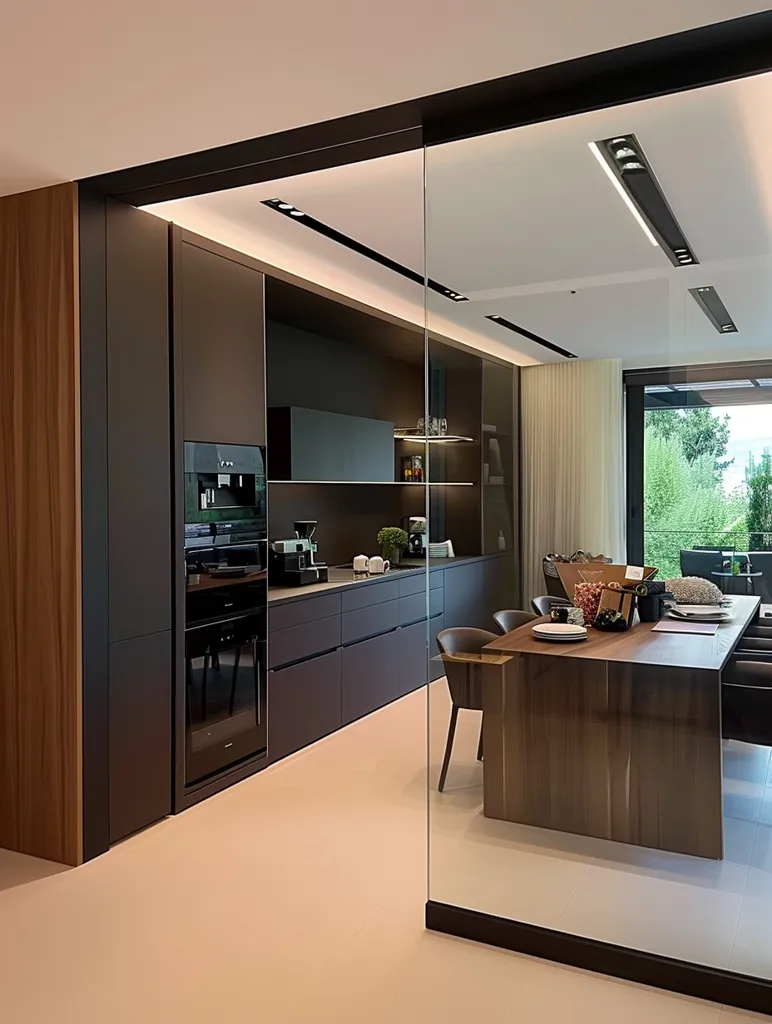 A modern kitchen with sleek black cabinets and stainless steel appliances. A glass partition separates the kitchen from a dining area with a large wooden table and chairs. The kitchen has a warm, wood-toned accent wall and features recessed lighting. The dining area has a view of a lush green garden through a large window.  The overall design is sophisticated and minimalist.