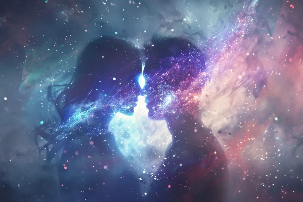 The image depicts two silhouettes of people, their faces merging together. They are surrounded by a cosmic background of sparkling stars and nebulas, symbolizing their connection and unity. The colors are vibrant and ethereal, creating a dreamy and romantic atmosphere. The image evokes a sense of love and passion, intertwined with the vastness of the universe.