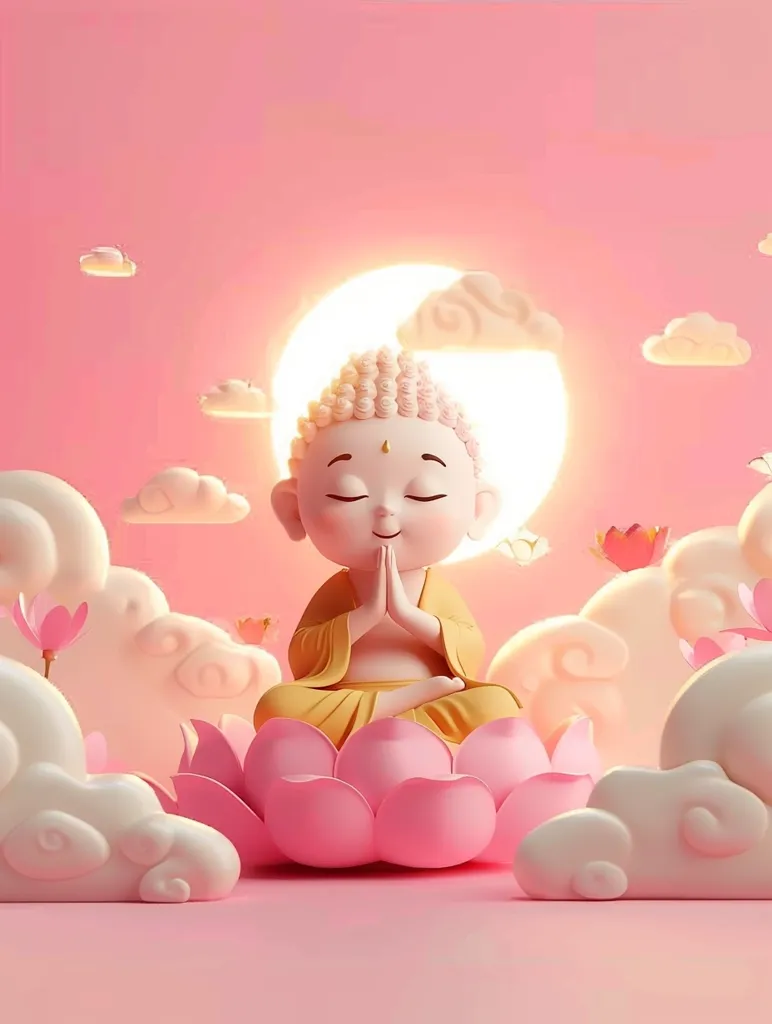 A cute, cartoon-like Buddha sits in a lotus flower, surrounded by fluffy clouds. The background is a soft pink, with a bright yellow sun shining down on him. He sits with his hands clasped together in prayer, conveying a sense of peace and tranquility.  The image is simple yet serene, evoking a sense of calm and positivity.
