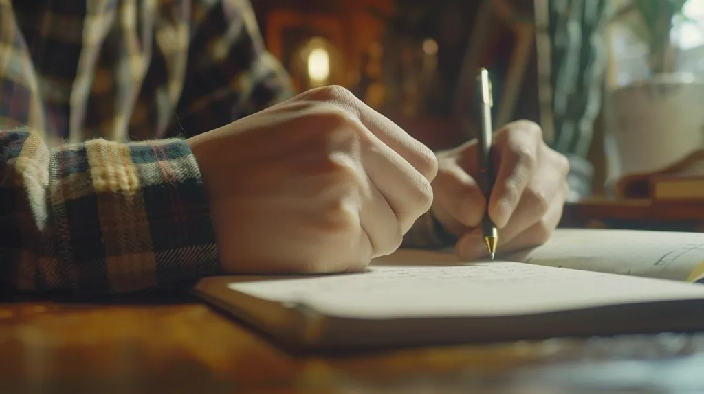 A person wearing a plaid shirt writes in a notebook with a pen.  Their right hand holds the pen while their left hand rests on the notebook. The person is sitting at a wooden table. The background is out of focus, but a plant and a cup are visible. The light is warm and inviting, giving the scene a cozy feel.