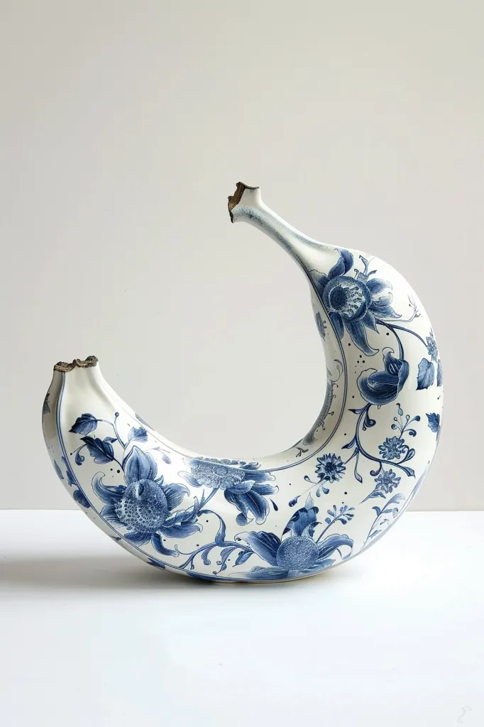 A ceramic banana, painted in a traditional blue and white Chinese porcelain style, sits on a white surface. The banana is curved into a crescent shape, and the floral pattern covers the entire surface. The porcelain is white with blue floral designs, including large blossoms and delicate foliage. The banana is slightly chipped, adding a touch of imperfection to the artwork.