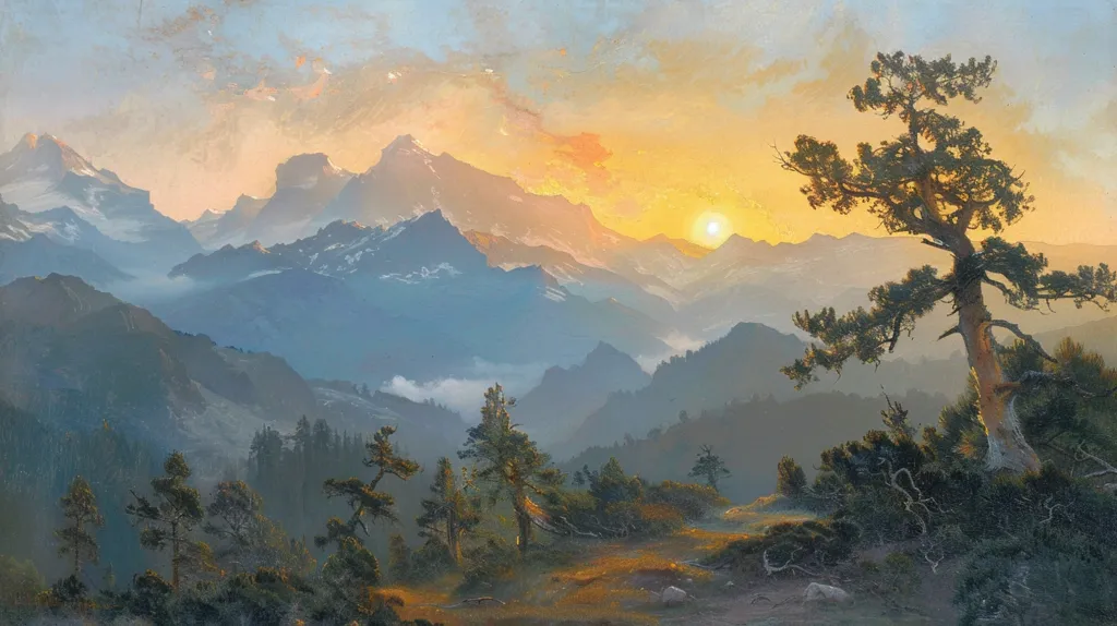 The painting depicts a breathtaking mountain landscape bathed in the warm glow of a setting sun. The distant peaks are shrouded in mist, while a lone tree stands in the foreground, its branches reaching out towards the sky. The colors are soft and muted, creating a sense of tranquility and awe. The scene evokes a feeling of peace and solitude, as nature's beauty unfolds in the fading light.
