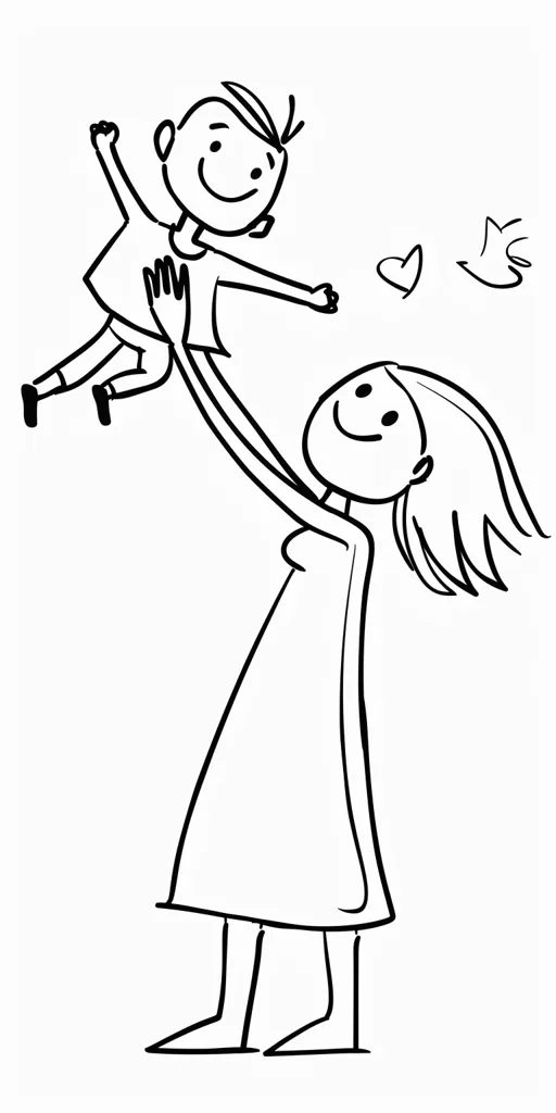 The image is a simple line drawing of a woman holding a child up in the air. The woman is smiling and the child is also smiling. There are two hearts and a bird in the background. The drawing is very basic and childlike, but it conveys a sense of joy and happiness.