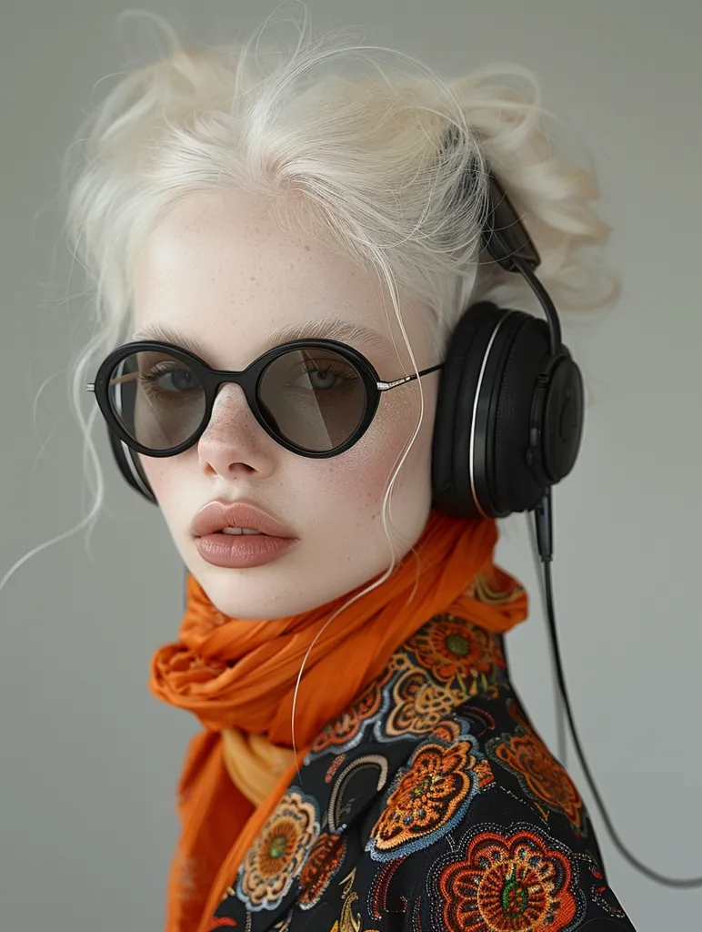 A young woman with platinum blonde hair is wearing round sunglasses and black headphones. She has a light complexion with a hint of blush on her cheeks. She is wearing a black jacket with a floral pattern and an orange scarf.  The background is a plain grey wall.