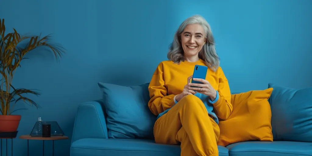 A woman with silver hair, wearing a yellow sweatshirt and matching sweatpants, sits on a blue couch and smiles as she looks at a blue smartphone. The couch has blue and yellow pillows and the background is a bright blue wall. There is a potted plant to the left of the couch.