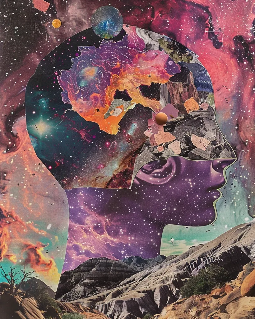 The image is a collage with a profile of a person's head against a backdrop of a starry night sky. The head is filled with a galaxy, planets, and a nebula. The silhouette is partially obscured by a landscape of barren mountains and desert, and a single tree in the foreground. The colors are vibrant and eclectic, creating a surreal and dream-like aesthetic. The artwork is a blend of abstract and figurative elements, hinting at the vastness of the universe and the complexities of the human mind.