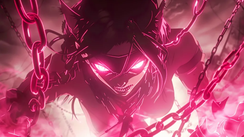 The image depicts an anime character with glowing pink eyes and a menacing expression. They are surrounded by chains and engulfed in a pink aura, creating a fierce and powerful visual. The character appears to be in a state of rage or intense focus, with their sharp features and imposing stance conveying a sense of danger. The chains and the vibrant pink color scheme reinforce the image's theme of power and aggression.