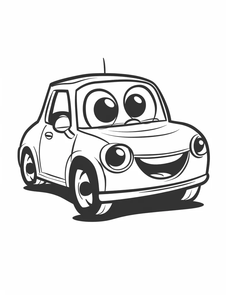 A cartoon car with large eyes and a wide smile is depicted in a black and white outline. The car has a simple design with rounded edges and two prominent headlights. Its wheels are large and round, and the overall appearance is one of cheerful innocence. The car is facing the viewer, its expression suggesting friendliness and joy.