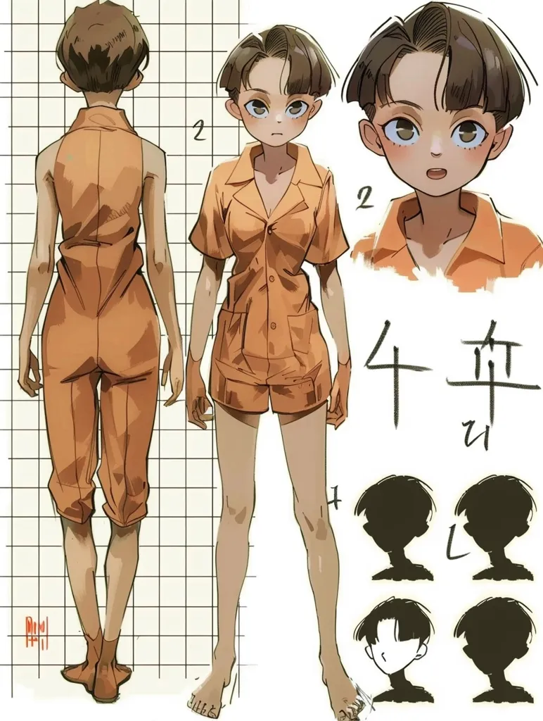The image is a character design for an anime or manga character. The design includes a full-body illustration of the character in a peach-colored jumpsuit, a close-up of the character's face, and several variations of the character's hairstyle and silhouette. The character has short brown hair, large eyes, and a youthful expression. The design is drawn in a simple, stylized style with a focus on clean lines and bright colors.  The character appears to be female.