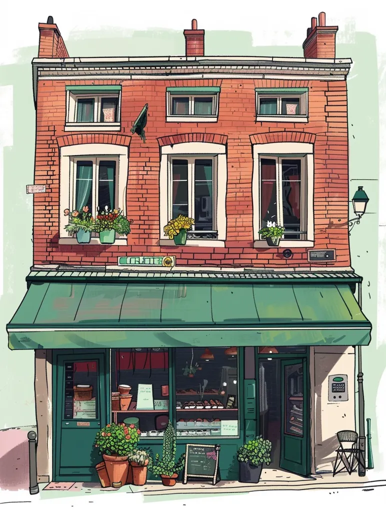 The image depicts a charming storefront with a green awning and brick facade.  Three windows, each with potted plants, adorn the upper level. The shop below displays baked goods through its large windows, while potted plants add a touch of greenery. A folding chair sits by the entrance, inviting passersby to relax and enjoy the ambiance. The building exudes a quaint and welcoming charm.