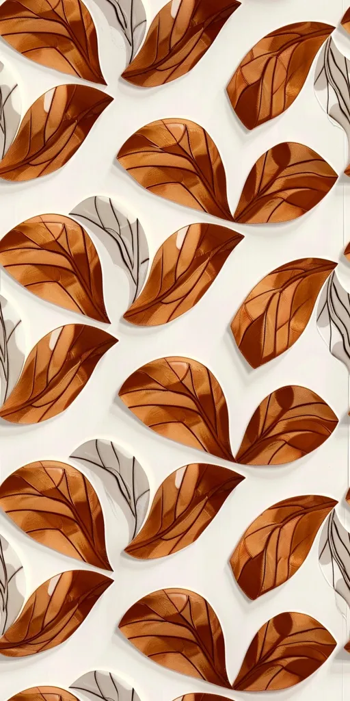 The image features a white background with a pattern of overlapping, copper-colored leaves. Each leaf has a distinct vein structure and appears to be slightly raised, creating a three-dimensional effect. The repeating pattern creates a sense of rhythm and movement, while the copper tone adds a touch of warmth and elegance.