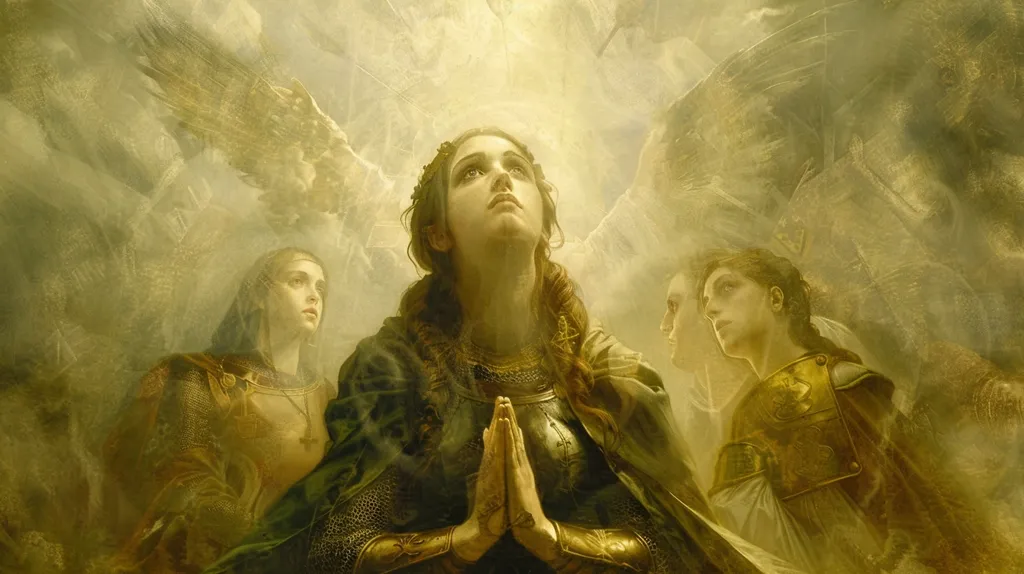 The image depicts three women, all clad in armor, standing in a luminous, ethereal space. The central woman, with her eyes closed and hands clasped in prayer, appears to be leading the others, her head tilted upwards as if gazing at something unseen. The soft, golden light emanating from above suggests a spiritual or divine presence. The women's expressions are serene, and their forms are obscured by a haze of light and shadow, lending an air of mystery and transcendence.