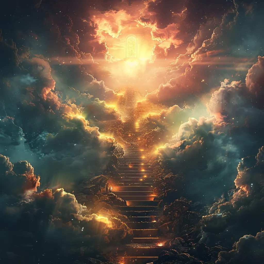 A golden staircase ascends into a heavenly realm, surrounded by ethereal clouds and a bright, radiant light emanating from a doorway above. The scene is filled with a sense of wonder and hope, suggesting a path to a higher plane of existence.