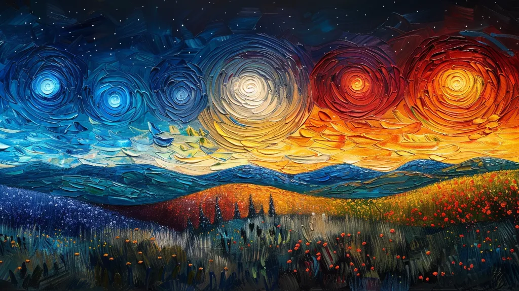 The painting depicts a night sky with swirling, colorful clouds.  Three large, round, spiraling clouds dominate the sky, with the first being a deep blue, the second a pale yellow, and the third a blazing red. A dark blue mountain range sits at the bottom of the image, with a small forest and field of flowers in the foreground. The colors are bold and vibrant, and the texture is thick and impasto.  The painting has a sense of movement and energy.
