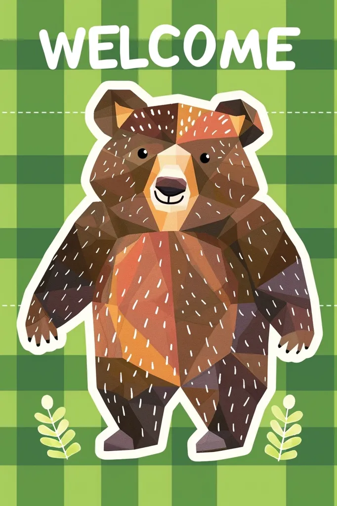 The image features a polygonal brown bear standing on a green and white checkered background. The bear has a friendly face and a welcoming smile. The words "WELCOME" are displayed in white above the bear. The image has a playful and inviting feel, suggesting a welcoming atmosphere.  A green leaf pattern embellishes the corners of the image.  The overall image is simple and whimsical.