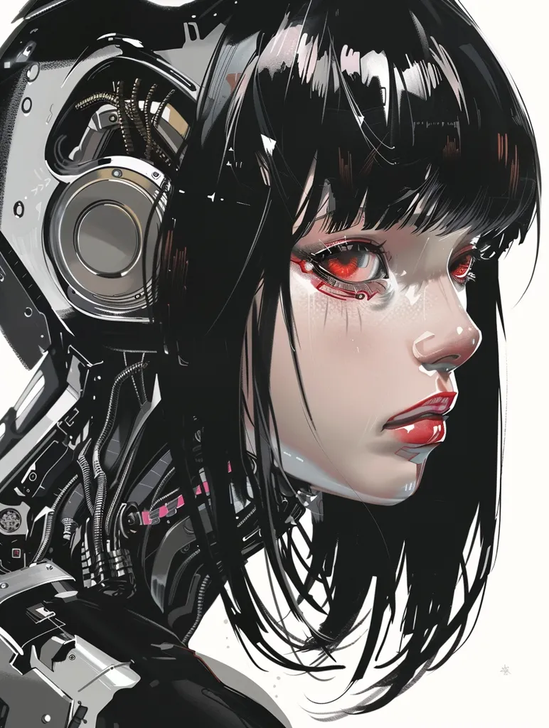 The image depicts a woman with long black hair, a sleek, futuristic helmet, and striking red eyes. Her face is pale, and her lips are painted a bold red. The helmet is intricately detailed, featuring metallic components and wires, suggesting a cybernetic or technological aspect. The image's style is anime-inspired, with smooth lines and vibrant colors. The white background enhances the contrast and highlights the woman's features.