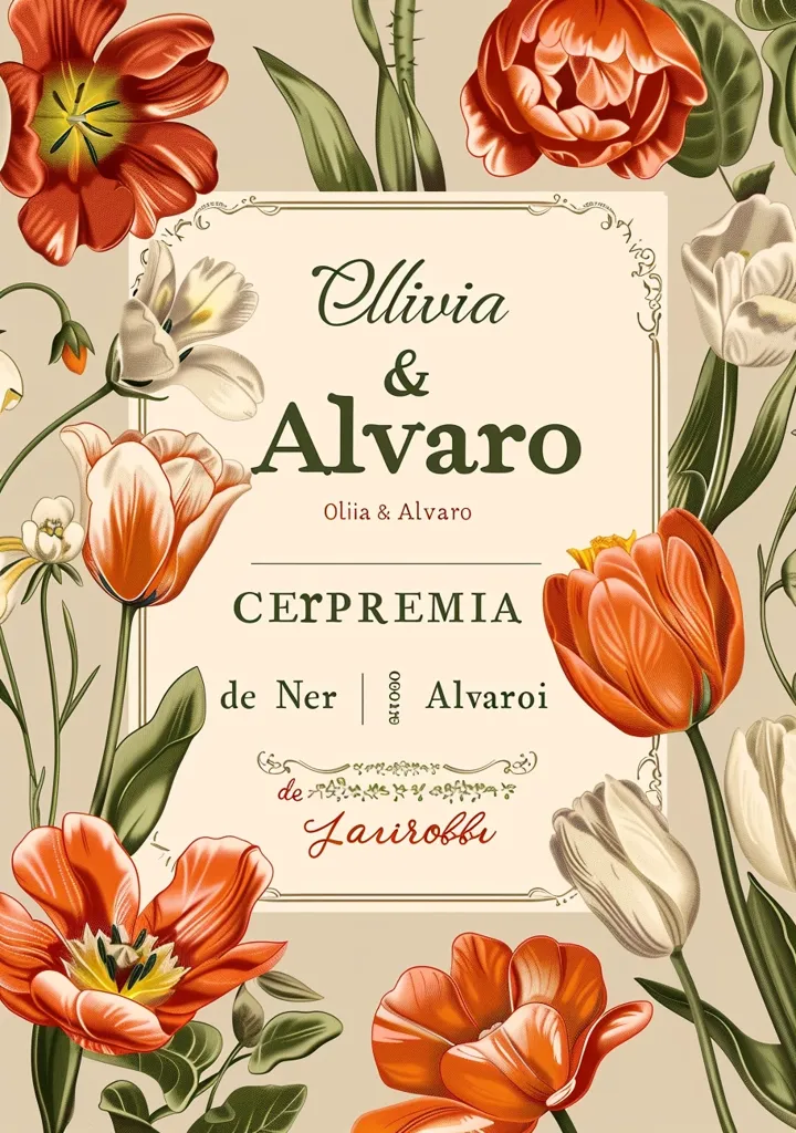 The image is a wedding invitation with a floral design. It features red and white tulips, along with other flowers, arranged around a decorative border. The invitation is addressed to Olivia and Alvaro, and it includes the names of the bride and groom and the date and location of the wedding.  The overall design is elegant and romantic.