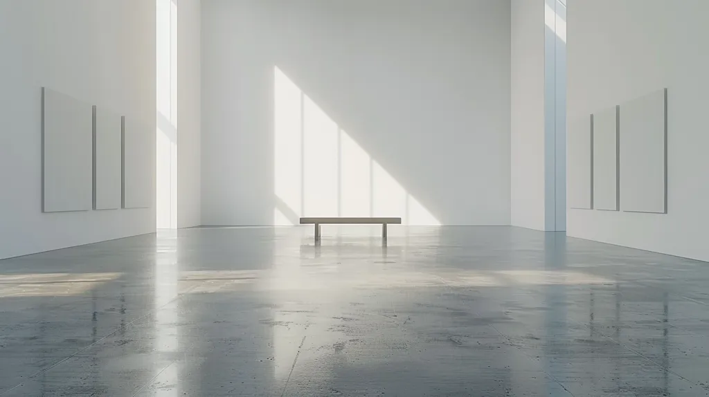 The image shows a minimalist gallery space with a single bench in the center. The walls are white, and the floor is a polished concrete. Three blank canvases hang on each of the side walls, and a sliver of sunlight shines through a window on the right side of the image. The space is clean, simple, and perfect for displaying artwork.