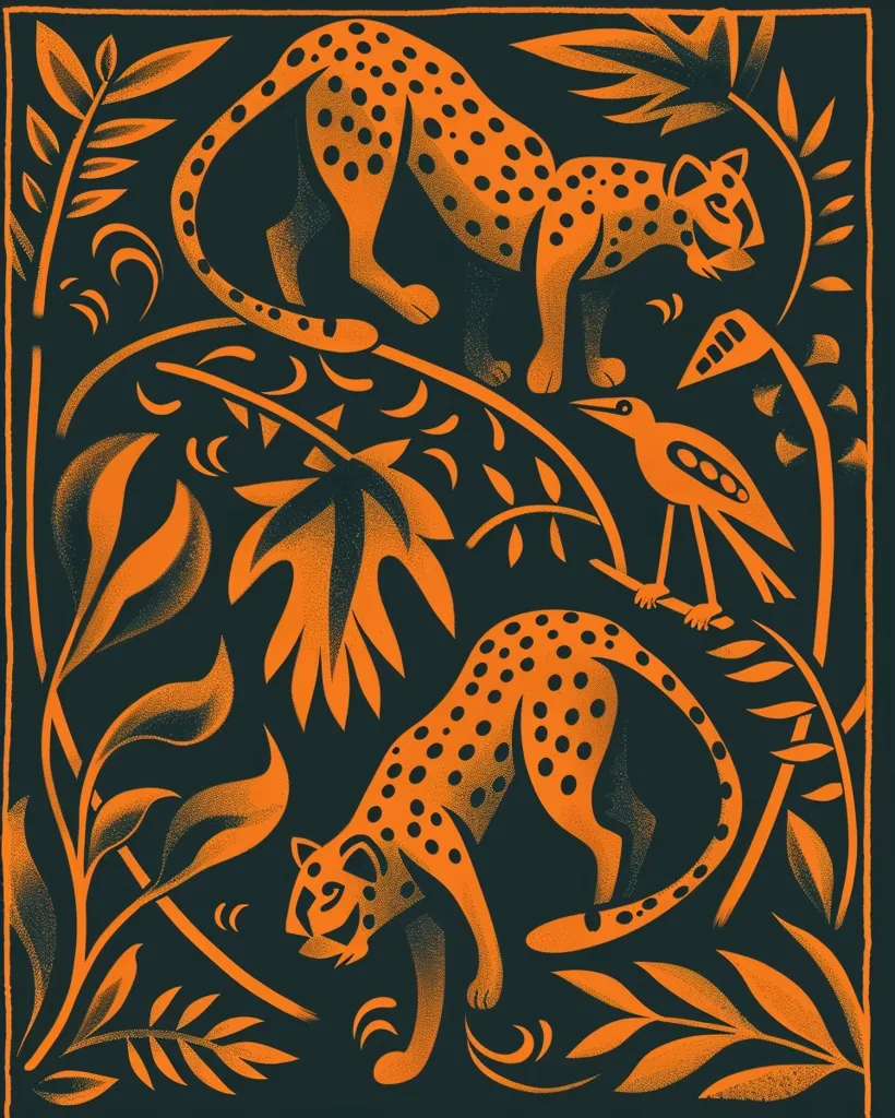 The image features two orange leopards walking through a jungle. The leopards are stylized with black spots and are surrounded by stylized foliage and a bird in the upper right corner. The background is dark green, providing a strong contrast with the orange figures. The image is created in a flat style, giving it a graphic and modern feel.